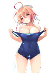 Rule 34 | 1girl, ahoge, alternate breast size, blue one-piece swimsuit, blush, breasts, clothes pull, covered navel, cowboy shot, cropped legs, hair ornament, i-58 (kancolle), kantai collection, large breasts, looking at viewer, one-piece swimsuit, one-piece swimsuit pull, pink eyes, pink hair, pulled by self, school swimsuit, short hair, smile, solo, swimsuit, takase muh, white background