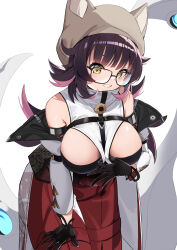 Rule 34 | 1girl, :d, absurdres, animal hat, arknights, bare shoulders, between breasts, black-framed eyewear, black bra, black gloves, black hair, blush, bra, breasts, brown hat, deepcolor (arknights), deepcolor (melodic portrayal) (arknights), glasses, gloves, grin, hand on own thigh, hat, highres, jacket, large breasts, leaning forward, long sleeves, looking at viewer, multicolored hair, open clothes, open jacket, open mouth, pants, parted lips, pink hair, pomegranate nana, red pants, simple background, smile, solo, tentacles, two-tone hair, underwear, white background, white jacket, yellow eyes