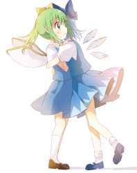 Rule 34 | 2girls, ankle socks, backlighting, blue bow, blue footwear, blue hair, blue skirt, blue vest, bow, brown footwear, calf socks, cirno, collared shirt, d:, daiyousei, detached wings, fairy, fairy wings, floating hair, from side, full body, green eyes, green hair, hair bow, hand on another&#039;s back, hand on another&#039;s shoulder, hand up, highres, hug, ice, ice wings, leg up, long hair, looking away, mary janes, medium skirt, multiple girls, namori (style), open mouth, parted lips, pleated skirt, ponytail, profile, puffy short sleeves, puffy sleeves, sasaki sakiko, shadow, shirt, shoe soles, shoes, short hair, short sleeves, sideways mouth, skirt, skirt set, socks, standing, surprised, sweat, tareme, touhou, vest, white background, white legwear, white shirt, wing collar, wings, yellow bow