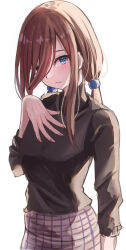 Rule 34 | 1girl, absurdres, alternate costume, alternate hairstyle, arm at side, black sweater, blue scrunchie, blush, brown hair, casual, closed mouth, commentary request, cowboy shot, eyebrows hidden by hair, eyelashes, fingernails, frown, go-toubun no hanayome, hair ornament, hair over one eye, hair scrunchie, hand up, head tilt, highres, long hair, long sleeves, looking at viewer, low twintails, nakano miku, plaid, plaid skirt, raikun raikun, scrunchie, serious, sketch, skirt, solo, straight hair, sweater, twintails