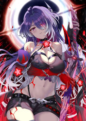 Rule 34 | 1girl, acheron (honkai: star rail), bare shoulders, belt, black belt, black choker, black gloves, black hole, black shorts, body markings, breasts, chain, chain around arm, choker, cleavage, coat, cowboy shot, detached sleeves, earrings, electricity, eyes visible through hair, flower, gloves, hair between eyes, hair ornament, hair over one eye, highres, holding, holding sword, holding weapon, honkai: star rail, honkai (series), jewelry, katana, large breasts, long hair, looking at viewer, markings, midriff, multicolored eyes, multicolored hair, navel, parted lips, purple hair, red eyes, red flower, scabbard, sheath, sheathed, shorts, single glove, solo, standing, stomach, streaked hair, sword, thighs, weapon, white coat, white hair, xephonia