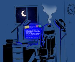 Rule 34 | 1girl, blue screen of death, bow, computer, crescent moon, english text, engrish text, fuente, hair bow, hat, unworn hat, unworn headwear, moon, night, open mouth, ranguage, shaded face, shirt, short hair, skirt, solo, touhou, truth, usami renko