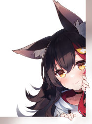 Rule 34 | 1girl, absurdres, animal ear fluff, animal ears, black choker, black hair, blush, brown eyes, choker, closed mouth, commentary request, deany, hair between eyes, hair ornament, hairclip, highres, hololive, hood, hood down, hoodie, long hair, looking at viewer, multicolored hair, ookami mio, ookami mio (casual), peeking out, red hair, smile, solo, streaked hair, virtual youtuber, white hoodie, wolf ears, wolf girl