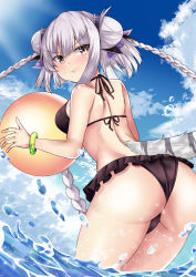 Rule 34 | 1girl, :t, absurdres, ass, ball, beachball, bikini, black bikini, blue sky, blush, braid, breasts, brown eyes, closed mouth, cloud, day, double bun, frilled bikini, frills, hair between eyes, hair bun, haku (p&amp;d), halterneck, highres, holding, holding ball, leaning forward, long hair, looking at viewer, looking back, medium breasts, outdoors, pout, puzzle &amp; dragons, setu (shining12), silver hair, sky, solo, standing, striped tail, swimsuit, tail, tiger tail, twin braids, v-shaped eyebrows, very long hair, water, water drop