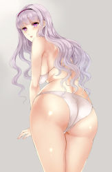 Rule 34 | 1girl, absurdres, ass, bare shoulders, blush, bra, breasts, female focus, from behind, gradient background, hairband, highres, idolmaster, idolmaster (classic), large breasts, long hair, looking at viewer, open mouth, panties, purple eyes, shijou takane, shiny skin, sideboob, silver hair, simple background, solo, tage (meyasubako), underwear