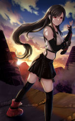 Rule 34 | 1girl, absurdres, black hair, black skirt, black thighhighs, boots, bracer, breasts, closed mouth, cloud, crop top, elbow gloves, final fantasy, final fantasy vii, final fantasy vii remake, fingerless gloves, floating hair, foot out of frame, gloves, highres, konbanwa01, light smile, long hair, low-tied long hair, materia, midriff, miniskirt, pleated skirt, red eyes, red footwear, skirt, sky, solo, sunset, suspender skirt, suspenders, tank top, thighhighs, tifa lockhart, white tank top, zettai ryouiki