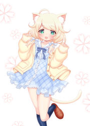 Rule 34 | ahoge, animal ear fluff, animal ears, black legwear, blonde hair, blue bow, blue bowtie, blue dress, blush, bow, bowtie, brown footwear, buttons, cardigan, cat ears, cat girl, cat tail, checkered clothes, checkered dress, child, collarbone, collared dress, commentary request, dress, flat chest, floral background, frilled dress, frills, green eyes, hair bow, hands up, highres, hosizora mikoto, idolmaster, idolmaster cinderella girls, leg up, legs, long sleeves, looking at viewer, low twintails, medium hair, messy hair, open clothes, open mouth, over shoulder, sleeves past wrists, smile, solo, tail, thighs, twintails, yellow cardigan, yusa kozue