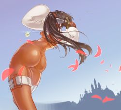 Rule 34 | 1girl, arumakan, ass, bodysuit, breasts, brown hair, dagger, final fantasy, final fantasy ix, from behind, garnet til alexandros xvii, gloves, highres, jewelry, knife, long hair, necklace, shiny clothes, skin tight, solo, very long hair, weapon