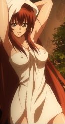 Rule 34 | 10s, 1girl, armpits, arms behind head, blue eyes, breasts, covered erect nipples, female focus, high school dxd, highres, large breasts, long hair, plant, red hair, rias gremory, solo, stitched, third-party edit, towel
