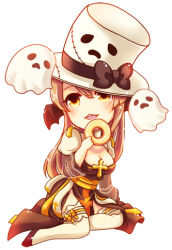 Rule 34 | 1girl, arch bishop (ragnarok online), black bow, black footwear, black wings, blush, bow, breasts, brown eyes, brown hair, chibi, cleavage, cleavage cutout, clothing cutout, commentary request, cross, demon wings, doughnut, dress, food, frilled thighhighs, frills, full body, ghost, hair between eyes, hat, hat bow, head wings, holding, holding food, juliet sleeves, large breasts, long hair, long sleeves, looking at viewer, lowres, open mouth, puffy sleeves, ragnarok online, sash, shoes, simple background, sion (blackhorse), sitting, smile, thighhighs, top hat, two-tone dress, whisper (ragnarok online), white background, white dress, white headwear, white thighhighs, wings, yellow sash, yokozuwari