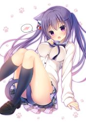 Rule 34 | 1girl, animal ears, black footwear, black socks, blush, bow, bowtie, breasts, cardigan, cat ears, cat tail, commentary request, gochuumon wa usagi desu ka?, hair bow, kemonomimi mode, kneehighs, knees together feet apart, knees up, large breasts, loafers, long hair, looking at viewer, no panties, open mouth, partially visible vulva, paw print, paw print background, plaid, plaid skirt, pleated skirt, purple bow, purple bowtie, purple eyes, purple hair, purple outline, school uniform, shibainu niki, shoes, sidelocks, skirt, sleeves past wrists, socks, solo, speech bubble, spoken blush, tail, tail censor, tedeza rize, twintails, upskirt, very long hair, white background