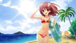 Rule 34 | 1girl, beach, blue sky, blush, breasts, brown hair, cleavage, cloud, day, floral print, flower, flyable heart, hair flower, hair ornament, highres, inaba yui, innertube, island, ito noizi, medium breasts, mountain, navel, ocean, open mouth, outdoors, palm tree, parasol, red eyes, sand, sky, smile, solo, sun, sunlight, swim ring, swimsuit, thigh gap, tree, umbrella, water