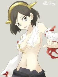 Rule 34 | 10s, 1girl, artist name, bad id, bad twitter id, breasts, brown hair, censored, convenient censoring, detached sleeves, grey eyes, hairband, headgear, kantai collection, kirishima (kancolle), midriff, navel, no eyewear, parted bangs, shigino sohuzi, short hair, simple background, solo, torn clothes, twitter username, underboob