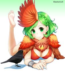 Rule 34 | 1girl, barefoot, bikini, bikini top only, bird, blurry, breasts, cleavage, commentary request, crow, depth of field, feather boa, feathers, feet, gradient background, green eyes, green hair, hair ornament, juuni taisen, large breasts, looking at viewer, lying, mattari yufi, niwa ryouka, on stomach, smile, soles, swimsuit, the pose, toes