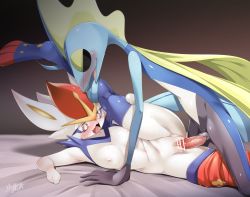 Rule 34 | 1boy, 1girl, all fours, animal ears, animal hands, arm support, artist name, bar censor, bed sheet, blue thighhighs, blush, breasts, brown background, censored, cinderace, clitoral hood, clitoris, clothes pull, creatures (company), crying, drooling, erection, game freak, gen 8 pokemon, gradient background, half-closed eyes, heart, heart censor, hetero, highres, inteleon, interspecies, jpeg artifacts, leg up, lizard tail, looking at another, looking down, lying, matching hair/eyes, nintendo, nipples, nose blush, on side, open mouth, pants, pants around one leg, pants pull, penis, pokemon, pokemon (creature), pokephilia, pussy, rabbit ears, red eyes, red hair, red pants, saliva, sex, shiny clothes, shiny skin, short hair, shourin bonzu, signature, simple background, skindentation, small breasts, split, sweat, tail, tears, textless version, thighhighs, urethra, vaginal, veins, veiny penis, wavy eyes, wavy mouth, yellow eyes