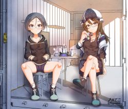 Rule 34 | 2girls, black hair, blue eyes, blue shorts, blush, breasts, brown eyes, brown hair, closed mouth, full body, girls und panzer, glasses, hands in pockets, hat, highres, looking at viewer, megadeko, miniskirt, multiple girls, original, rumi (girls und panzer), short hair, short shorts, shorts, sitting, skirt, small breasts, smile, spread legs