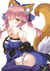Rule 34 | 10s, 1girl, animal ears, ass, bad id, bad pixiv id, blue bow, blue thighhighs, blush, bow, breasts, detached sleeves, fate/extra, fate (series), finger to mouth, fox ears, fox girl, fox shadow puppet, fox tail, hair between eyes, hair bow, japanese clothes, large breasts, long hair, looking at viewer, one eye closed, pink hair, shushing, simple background, sitting, solo, tail, tamamo (fate), tamamo no mae (fate/extra), thighhighs, thighs, wariza, white background, yuzu-aki