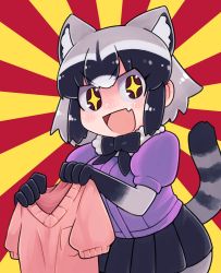 Rule 34 | &gt;:), + +, 1girl, :d, animal ear fluff, animal ears, blue hair, blue skirt, blush, bodystocking, bow, bowtie, breast pocket, commentary request, common raccoon (kemono friends), flag, fur collar, grey hair, highres, holding, ino (tellu0120), kemono friends, macedonian flag, multicolored hair, no gloves, open mouth, pantyhose, pink sweater, pocket, puffy short sleeves, puffy sleeves, purple sweater, raccoon ears, raccoon tail, short-sleeved sweater, short hair, short sleeves, skirt, smile, solo, sunburst, sweater, tail, v-shaped eyebrows