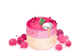 Rule 34 | 2others, artist name, bird, chai (drawingchisanne), commentary request, food, food focus, fruit, hat, highres, mousse (food), multiple others, no humans, original, penguin, raspberry, scarf, simple background, sitting on food, white background