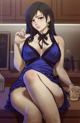 Rule 34 | 1girl, alcohol, alternate costume, bar (place), bare shoulders, black hair, blush, breasts, cabinet, choker, cleavage, closed mouth, commentary, counter, cup, dress, earrings, english commentary, final fantasy, final fantasy vii, final fantasy vii remake, glass, holding, holding cup, ice, ice cube, jewelry, large breasts, looking at viewer, pink lips, purple dress, red eyes, sciamano240, sitting, smirk, strap pull, swept bangs, thighs, tifa lockhart, tifa lockhart (refined dress), unfinished