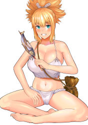 Rule 34 | 1girl, bare shoulders, barefoot, blonde hair, blue eyes, blush, breasts, cameltoe, camisole, cleavage, collarbone, commentary, crop top, dr. stone, fish (food), fundoshi, grin, hand on own thigh, hand up, highres, holding, japanese clothes, kohaku (dr. stone), large breasts, looking at viewer, mashmocha, navel, simple background, sitting, skindentation, smile, solo, thighs, white background, white camisole