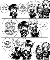 Rule 34 | ..., 3koma, 4girls, artistic error, blush, bullying, choker, comic, corrupted twitter file, doom-metal-girl (grs-), ear piercing, emo-girl (grs-), english text, grs-, highres, hug, kiss, kissing cheek, metal-girl (grs-), metalcore girl (grs-), multicolored hair, multiple girls, no mouth, original, own hands clasped, own hands together, piercing, ponytail, raised eyebrow, short hair, short ponytail, simple background, spiked choker, spikes, teardrop, tears, thought bubble, trick, white background, yuri