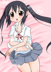 Rule 34 | 1girl, bed, black hair, blush, brown eyes, clothes pull, collarbone, flat chest, grey skirt, heart, k-on!, long hair, looking at viewer, lying, marinba, nakano azusa, navel, neck ribbon, on bed, open mouth, panties, partially unbuttoned, red ribbon, ribbon, school uniform, shirt, short sleeves, skirt, skirt pull, striped clothes, striped panties, teeth, twintails, underwear, white panties, white shirt