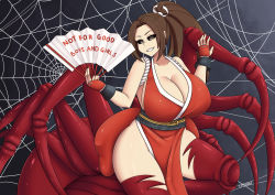 Rule 34 | 1girl, 2020, alternate form, arachne, arthropod girl, back bow, bare shoulders, black sclera, bow, breasts, brown hair, carapace, cleavage, colored sclera, curvy, dress, english text, fatal fury, fingerless gloves, folding fan, gloves, hair tie, hand fan, highres, holding, holding fan, huge breasts, insect girl, long hair, monster girl, nail polish, ninja, obi, pelvic curtain, ponytail, red dress, revealing clothes, sash, shiranui mai, signature, silk, simple background, smile, spider girl, spider web, taur, that-girl-whodraws, the king of fighters, thick thighs, thighs, yellow eyes, yukihana draws