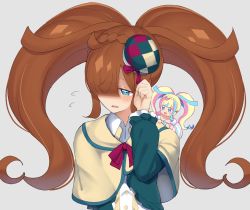 Rule 34 | 2girls, :d, ahoge, bad id, bad twitter id, beret, blonde hair, blue eyes, blue hair, blunt bangs, blush, bow, bowtie, braid, brown hair, capelet, clenched hands, collarbone, crown braid, daia (pri chan), diamond-shaped pupils, diamond (shape), dress, grey background, hair over one eye, hat, kiratto pri chan, long hair, looking away, mascot, mini hat, mini person, minigirl, mukuba, multicolored eyes, multicolored hair, multiple girls, nijinosaki dia, open mouth, pink hair, pretty series, rainbow eyes, red bow, simple background, smile, streaked hair, sweatdrop, symbol-shaped pupils, twintails, upper body