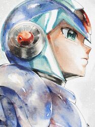 002_khd 1boy armor blue_armor blue_helmet forehead_jewel from_side green_eyes helmet highres male_focus mega_man_(series) mega_man_x_(series) simple_background solo upper_body white_background x_(mega_man)