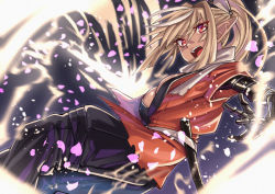 Rule 34 | 1girl, blonde hair, breasts, cleavage, commentary request, dark-skinned female, dark skin, eyelashes, heart, high ponytail, hololive, kumamiya, long hair, looking at viewer, open mouth, petals, pointy ears, ponytail, red eyes, shiranui flare, solo, teeth, tongue, virtual youtuber