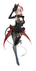 Rule 34 | 1girl, absurdres, ambience synesthesia, antennae, arknights, arm up, asymmetrical gloves, black dress, black footwear, black gloves, black hat, boots, closed mouth, commentary request, demon girl, demon horns, demon tail, dress, foot up, full body, gloves, hat, high heel boots, high heels, highres, horns, komi (komiking), looking at viewer, orange eyes, pantyhose, short hair, simple background, smile, solo, tail, thigh boots, torn clothes, torn pantyhose, w (arknights), w (wanted) (arknights), white background, white hair