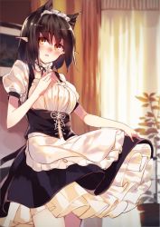 Rule 34 | 1girl, alternate costume, animal ears, apron, black dress, black hair, blush, breasts, cat ears, cat tail, choker, corset, cowboy shot, dress, enmaided, frilled choker, frills, from side, indoors, kemonomimi mode, ken (coffee michikusa), looking at viewer, looking to the side, maid, maid headdress, medium breasts, orange eyes, parted lips, petticoat, pointy ears, puffy short sleeves, puffy sleeves, shameimaru aya, short hair, short sleeves, solo, tail, touhou, underbust, waist apron