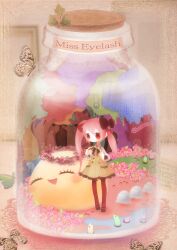 Rule 34 | 1girl, asymmetrical hair, black bow, black footwear, black ribbon, bow, brown dress, bug, butterfly, character name, dress, flower, grass, hair bow, head wreath, highres, holding, holding flower, idola, in container, in jar, insect, jar, leaf, long sleeves, original, pantyhose, pink eyes, pink flower, red bow, red pantyhose, ribbon, slime (creature), solo, striped clothes, striped dress, tree, twintails, uneven twintails, water, white sleeves