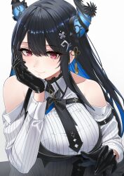 Rule 34 | 1girl, bags under eyes, black gloves, black hair, blue hair, blush, breasts, clothing cutout, collarbone, demon horns, double-parted bangs, gloves, hand on own cheek, hand on own face, head rest, highres, hololive, hololive english, horns, large breasts, looking at viewer, mintz912, mole, mole under eye, multicolored hair, nerissa ravencroft, nerissa ravencroft (1st costume), red eyes, reflection, shirt, shoulder cutout, simple background, smile, solo, striped clothes, striped shirt, two-tone hair, upper body, vertical-striped clothes, vertical-striped shirt, virtual youtuber, white background