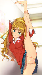 Rule 34 | 1girl, :d, aqua eyes, arm up, bar censor, barefoot, blue skirt, blush, breasts, brown hair, censored, collarbone, commentary request, furrowed brow, hair ornament, hair scrunchie, high ponytail, highres, hino akane (idolmaster), idolmaster, idolmaster cinderella girls, leg up, long hair, looking away, medium breasts, no panties, open mouth, plaid, plaid skirt, pleated skirt, pussy, red shirt, scrunchie, shirt, skirt, smile, solo, split, standing, standing on one leg, standing split, very long hair, yuuzuki (re&#039;ef)