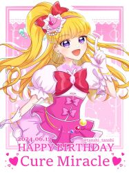 Rule 34 | 1girl, asahina mirai, blonde hair, bow, character name, cure miracle, dated, dress, earrings, gloves, hair bow, happy birthday, hat, jewelry, long hair, looking at viewer, magical girl, mahou girls precure!, mini hat, mini witch hat, open mouth, pink hat, precure, puffy short sleeves, puffy sleeves, purple eyes, short sleeves, side ponytail, smile, solo, tanshi tanshi, twitter username, upper body, white gloves, witch hat