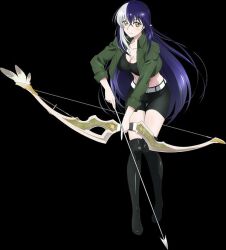 Rule 34 | 1girl, archery, black bra, black shorts, blue hair, blush, boots, bra, closed mouth, elf, green jacket, jacket, looking at viewer, multicolored hair, open clothes, open jacket, pointy ears, serious, shorts, solo, the new gate, tiera lucent, two-tone hair, underwear, white hair, yellow eyes