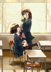 Rule 34 | 2girls, absurdres, black legwear, blazer, blurry foreground, bow, brown hair, classroom, commentary, fujisaki ribbon, hands on another&#039;s face, hands on another&#039;s thighs, highres, jacket, long hair, multiple girls, original, plaid, plaid skirt, pleated skirt, school uniform, shoes, short hair, sitting, skirt, sweater, thighhighs, uwabaki, yuri
