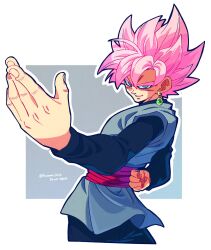 Rule 34 | 1boy, arm behind back, black pants, black shirt, dragon ball, dragon ball super, earrings, goku black, grey eyes, grey tunic, highres, jewelry, komesan 0212, male focus, medium hair, pants, pink hair, potara earrings, red sash, sash, shirt, simple background, single earring, solo, spiked hair, super saiyan, super saiyan rose, tunic