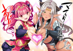 Rule 34 | 2girls, bare shoulders, blush, breasts, cleavage, crimson baphomet, dark-skinned female, dark skin, game cg, hands together, happy, heart, heart hands, horns, large breasts, long hair, looking at viewer, maou no musume to gedou yuusha: kurenai no hitomi to shiroki indaku, mastima, medium breasts, multiple girls, navel, open mouth, original, pointy ears, red eyes, red hair, saburou (hgmg), signature, silver hair, simple background, smile, standing, tail, tiara, twintails, upper body, valkyria (studio), yellow eyes