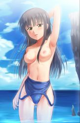 Rule 34 | 1girl, arm behind head, arm up, armpits, black hair, breasts, brown eyes, cameltoe, clothes pull, competition swimsuit, gluteal fold, highleg, highleg swimsuit, highres, navel, nipples, ocean, one-piece swimsuit, one-piece swimsuit pull, original, solo, standing, swimsuit, takuya kame