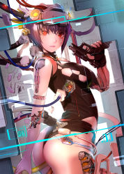 Rule 34 | 1girl, absurdres, ass, black gloves, black leotard, breasts, cable, closed mouth, commentary request, cowboy shot, cyberpunk, cyborg, fingerless gloves, ghost in the shell, ghost in the shell: sac 2045, gloves, gun, highres, holding, holding gun, holding weapon, indoors, kusanagi motoko, leotard, looking at viewer, medium breasts, mikazuki akira!, purple hair, red eyes, short hair, solo, subdermal port, weapon