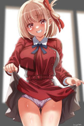Rule 34 | 1girl, absurdres, blonde hair, breasts, clothes lift, dress, dress lift, hair ornament, highres, large breasts, lifted by self, lycoris recoil, lycoris uniform, medium breasts, nishikigi chisato, panties, presenting, red eyes, smile, solo, thighs, twitter username, two-tone dress, underwear, white panties, yomo