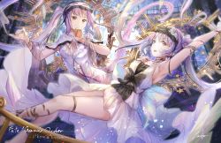 Rule 34 | 2girls, :d, arm up, armpits, breasts, brown eyes, character name, cleavage, copyright name, day, dress, euryale (fate), euryale (third ascension) (fate), fate/apocrypha, fate (series), floating hair, hairband, jewelry, koroneko p0w0q, lolita hairband, long hair, multiple girls, necklace, open mouth, pink hair, siblings, sideboob, signature, sisters, small breasts, smile, stheno (fate), stheno (third ascension) (fate), twins, twintails, very long hair, white dress