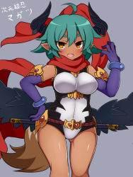Rule 34 | 1girl, ahoge, bare shoulders, belt, black wings, blush, bracelet, character name, covered navel, dark-skinned female, dark skin, elbow gloves, fang, gloves, gold trim, green hair, hand on own hip, haniwagi (hal), horns, jewelry, looking at viewer, low wings, magatsu, open mouth, pointy ears, purple background, purple gloves, red scarf, scarf, sheath, sheathed, shinrabanshou, short hair, slit pupils, solo, sword, tail, weapon, wings, yellow eyes