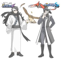 2boys absurdres ace_attorney bird black_coat black_footwear black_hair black_necktie black_pants black_sash black_scarf black_shirt black_vest brown_feathers coat coin cosplay creatures_(company) crossover emblem feathers game_freak gen_6_pokemon grey_eyes grimsley_(pokemon) grimsley_(pokemon)_(cosplay) hair_down hawk high_collar highres japanese_clothes kimono logo long_hair long_sideburns looking_at_another male_focus multicolored_hair multiple_boys necktie nintendo one_eye_closed pants phoenix_wright:_ace_attorney_-_dual_destinies pokemon pokemon_sm sash scarf shirt short_hair sideburns simon_blackquill simon_blackquill_(cosplay) streaked_hair taegi_(woghkg) taka_(ace_attorney) talonflame two-tone_hair vest white_background white_hair white_kimono