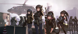 Rule 34 | 4girls, 6+boys, :d, absurdres, ahoge, aircraft, assault rifle, black gloves, black hair, black jacket, black legwear, black shirt, black shorts, blue eyes, blue pants, bolt action, breasts, brown hair, brown pants, bullpup, closed mouth, commentary request, day, ear protection, elbow gloves, fn eglm, fn f2000, fn gl1, fn herstal, folded ponytail, gloves, grenade launcher, grey pants, gun, hair between eyes, hand up, headset, helicopter, helmet, high ponytail, highres, holding, holding gun, holding weapon, jacket, long hair, looking away, modular weapon system, multiple boys, multiple girls, ndtwofives, on one knee, open clothes, open jacket, open mouth, original, outdoors, pants, pantyhose, pantyhose under shorts, parted lips, ponytail, purple eyes, railing, red eyes, reflection, rifle, shirt, short shorts, short sleeves, shorts, small breasts, smile, standing, traffic cone, twitter username, uh-60 blackhawk, underbarrel grenade launcher, weapon, weapon request