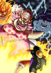 Rule 34 | 1girl, 4boys, acpuig, black hair, charlotte linlin, cloud, curly hair, empty eyes, fire, hat, highres, lightning, lipstick, long hair, makeup, monkey d. luffy, multiple boys, napoleon (one piece), one piece, open mouth, pink hair, pirate hat, prometheus (one piece), short hair, smile, straw hat, teeth, tongue, tongue out, unworn hat, unworn headwear, watermark, web address, zeus (one piece)