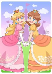Rule 34 | 2girls, artist name, blonde hair, blue eyes, breasts, brooch, brown hair, castle, cloud, crown, day, dress, earrings, flag, flower earrings, friends, gloves, grin, happy, holding hands, icrisuchiha, jewelry, long hair, looking at viewer, mario (series), multiple girls, nintendo, open mouth, orange dress, pink dress, princess daisy, princess peach, puffy short sleeves, puffy sleeves, short sleeves, smile, standing, super smash bros., tomboy